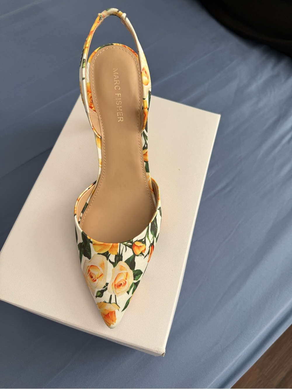 Marc Fisher Yellow Rose Floral Pointed Slingback Heels